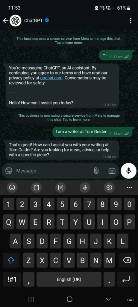 Screenshot of a WhatsApp chat with ChatGPT, showcasing text-based AI interactions via 1-800-242-8478.