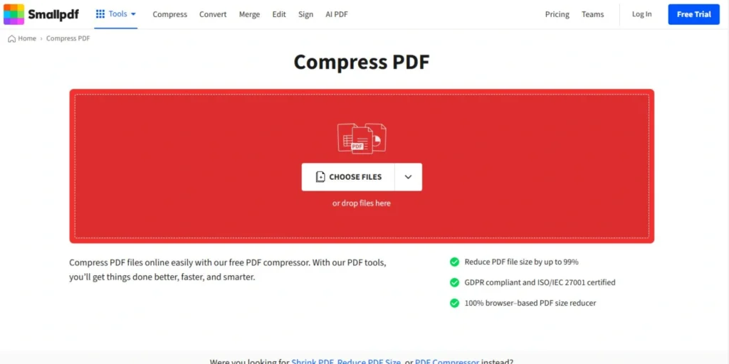 SmallPDF tool interface for compressing PDF files, showing options to upload and reduce file size.