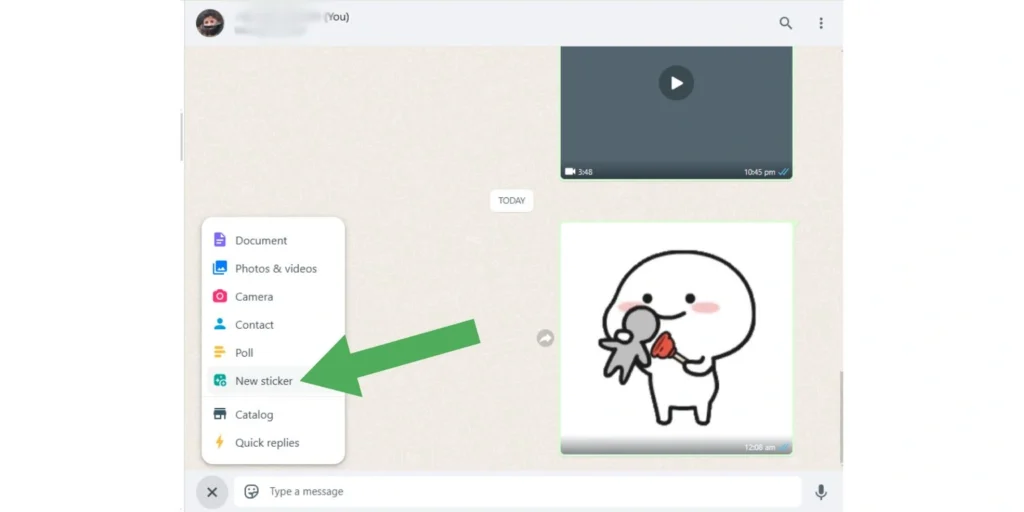 User showing with arrow how to upload a sticker on WhatsApp Web